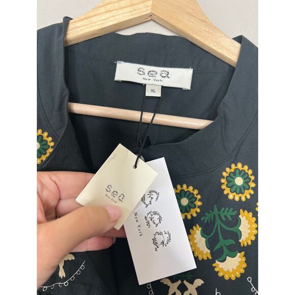 NWT Sea New York Tie Waist Perle Print Puff Sleeve Mini Dress Black Size: XL - Picture 4 of 7